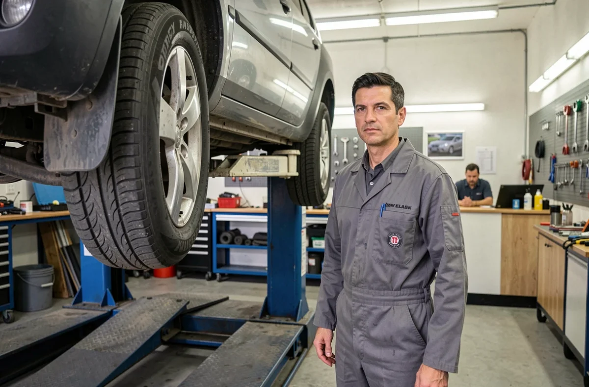 Mécanicien spécialiste multimarques de Xavier Automobiles à Authon travaillant sur un véhicule surélevé sur un pont hydraulique dans un atelier propre et organisé